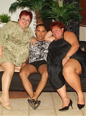 Sexy older fatties Marsha and Agnes showing off their big flabby knockers to tease a young stud